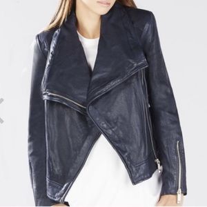 New BCBG Maxazria Shayla Blue Drape Leather Jacket